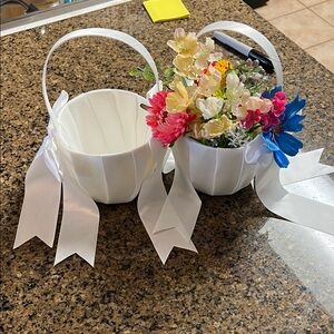 White Flower Girl Baskets with Ribbons
